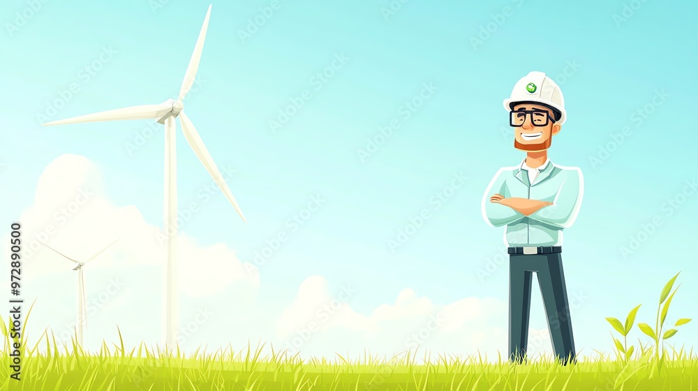 A confident engineer standing in a green field with wind turbines, symbolizing renewable energy and sustainable development. A confident engineer standing in a green field with wind turbines, symbolizing renewable energy and sustainable development.