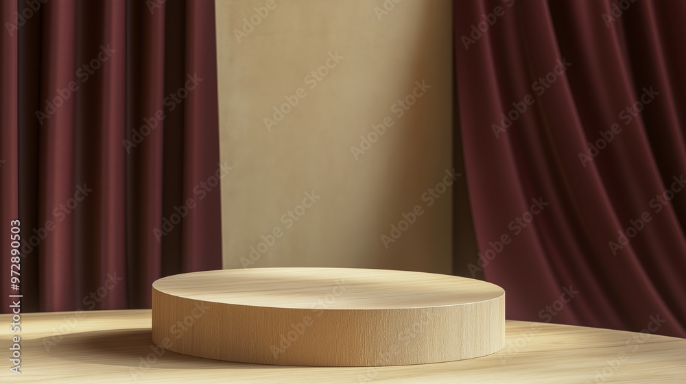Minimalistic wooden podium displayed in a calm, beige-toned space. A burgundy curtain gracefully frames the podium, enhancing its abstract and art deco-inspired design. Minimalistic wooden podium displayed in a calm, beige-toned space. A burgundy curtain gracefully frames the podium, enhancing its abstract and art deco-inspired design.