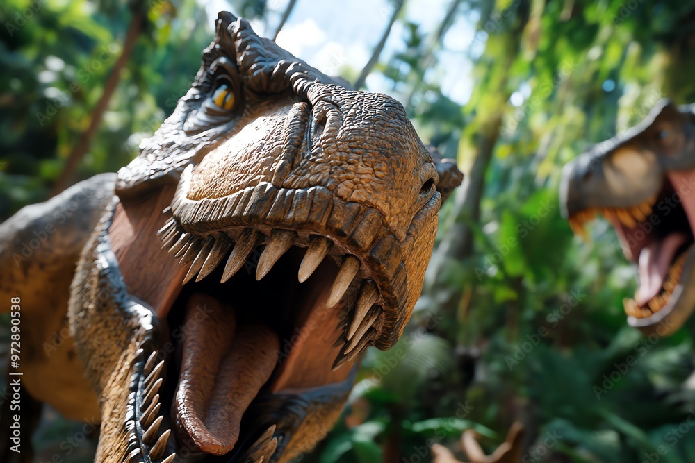 Obraz premium A mighty T-Rex battling a rival in an epic Jurassic Day showdown, their roars echoing through the surrounding jungle