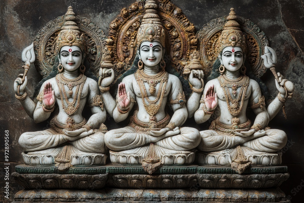 Elegant, detailed image of the Trimurti – Brahma, Vishnu, and Shiva – in perfect harmony Elegant, detailed image of the Trimurti – Brahma, Vishnu, and Shiva – in perfect harmony
