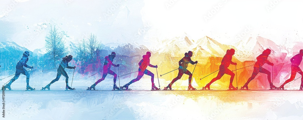 Colorful digital illustration of people skiing with a vibrant winter landscape background Colorful digital illustration of people skiing with a vibrant winter landscape background