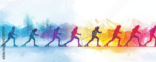 Colorful digital illustration of people skiing with a vibrant winter landscape background