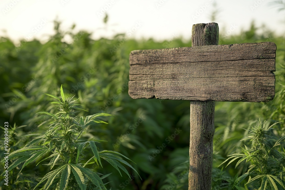 Hyper-Realistic Mockup of Wooden Pole Signboard in Hemp Farm Hyper-Realistic Mockup of Wooden Pole Signboard in Hemp Farm