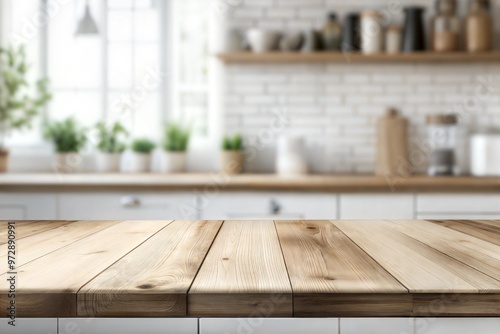 Kitchen table background  wood counter top on blur of white clean abstract home interior with bokeh. used for display or montage your wooden for dining background. table  photo