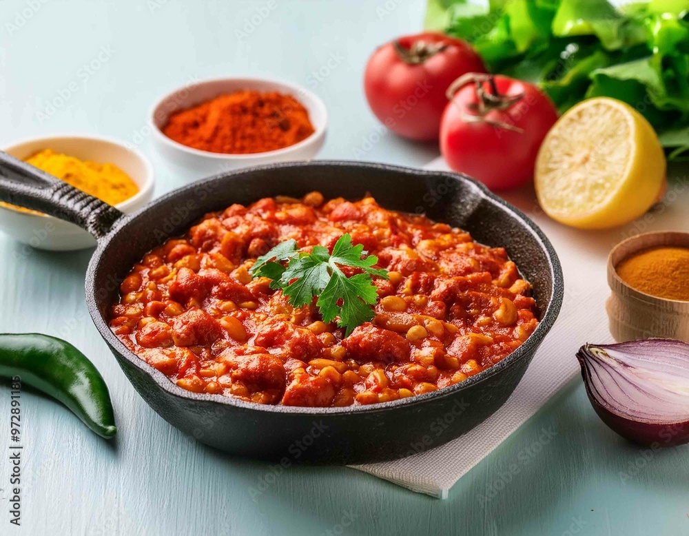 menemen in a frying pan and ingredients on the table menemen in a frying pan and ingredients on the table