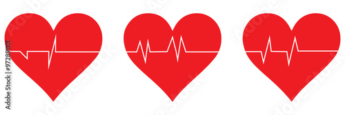 Heart beat icon set. Heart shape with pulse line. Vector illustration