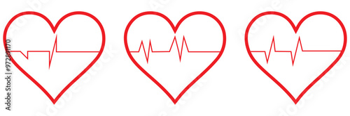 Heart beat icon set. Heart shape with pulse line. Vector illustration