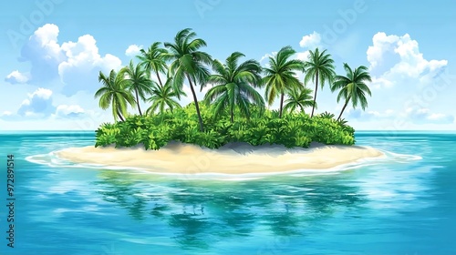 Tropical Island Paradise with Palm Trees and Blue Ocean