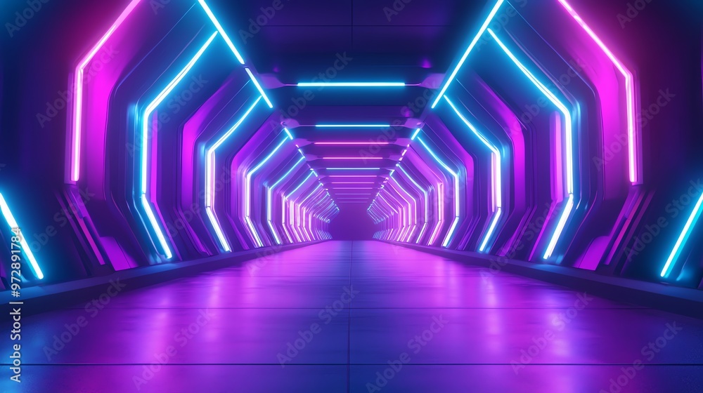 Fototapeta premium A futuristic tunnel illuminated by pink and blue neon lights.