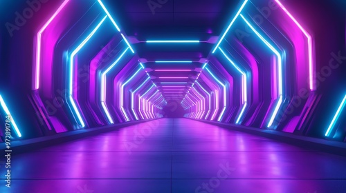 A futuristic tunnel illuminated by pink and blue neon lights.