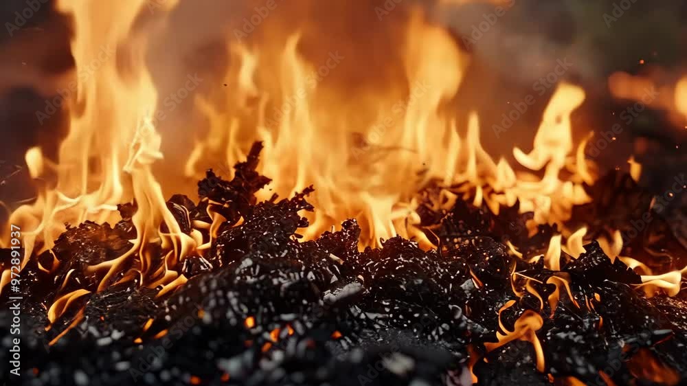Flames raging from burning debris at a forest clearing during a warm summer day Flames raging from burning debris at a forest clearing during a warm summer day