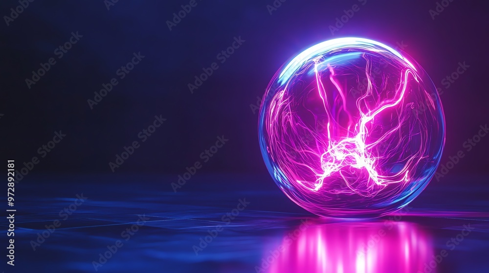 Abstract sphere with blue and pink neon lights.