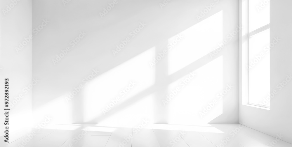Fototapeta premium Sunlight & Shadow Play. Sunlight Streams Through Window, Creating Soft Shadows on White Wall. Overlay Effect, Transparent Background for Design.