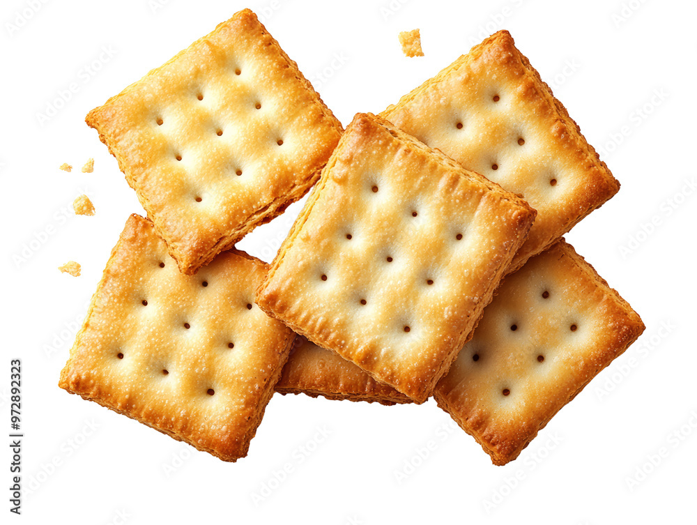 Top view of crispy golden brown square crackers neatly arranged against a white background, perfect for snack advertisements and culinary designs. Top view of crispy golden brown square crackers neatly arranged against a white background, perfect for snack advertisements and culinary designs.