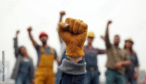 Raised fists of workers in industrial attire symbolize unity and Labor Day spirit. photo