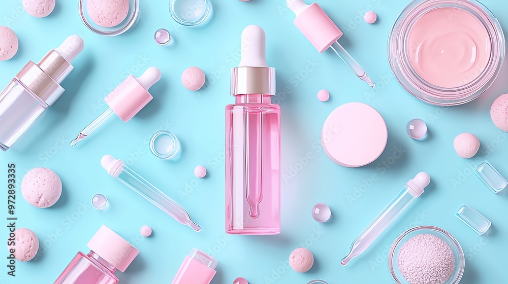 A stylish arrangement of pink skincare products on a vibrant blue background, perfect for beauty and wellness themes. A stylish arrangement of pink skincare products on a vibrant blue background, perfect for beauty and wellness themes.
