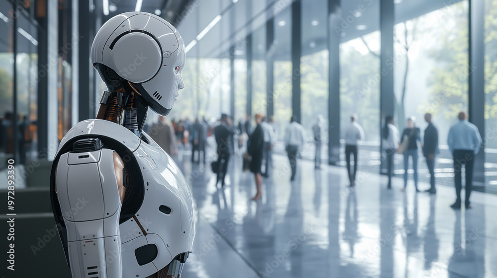 An office lobby scene with business people and a human-like AI robot waiting to join a corporate meeting or presentation. An office lobby scene with business people and a human-like AI robot waiting to join a corporate meeting or presentation.