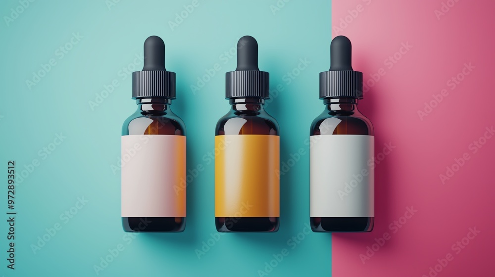 Stylish amber glass bottles with dropper caps displayed on a colorful background, perfect for beauty and wellness products. Stylish amber glass bottles with dropper caps displayed on a colorful background, perfect for beauty and wellness products.