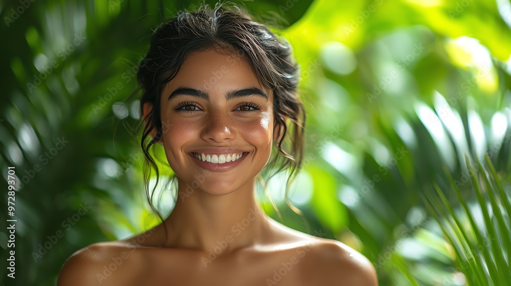 A joyful young woman smiles radiantly amidst lush green foliage, embodying confidence and natural beauty in a vibrant setting. A joyful young woman smiles radiantly amidst lush green foliage, embodying confidence and natural beauty in a vibrant setting.