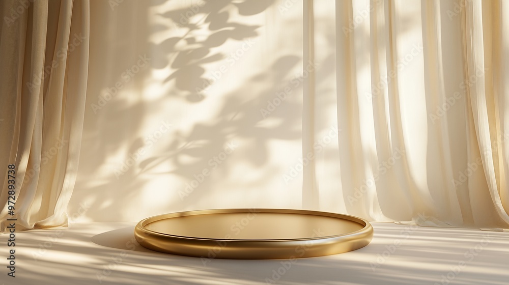 A golden circular podium in a minimalist setting with sunlight streaming through sheer curtains. Gentle leaf shadows create movement against the smooth beige backdrop. A golden circular podium in a minimalist setting with sunlight streaming through sheer curtains. Gentle leaf shadows create movement against the smooth beige backdrop.