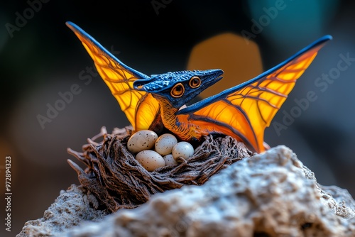 A pair of Pterosaurs nesting on a cliff, with eggs safely tucked away from ground-based predators photo