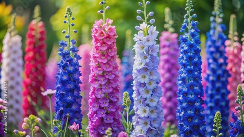 Close-up of vibrant delphinium flowers in various colors, delphinium, flowers, close-up, vibrant, colorful, petals, blooming