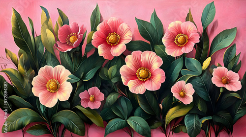 A vibrant painting of pink flowers surrounded by lush green leaves on a soft pink background.