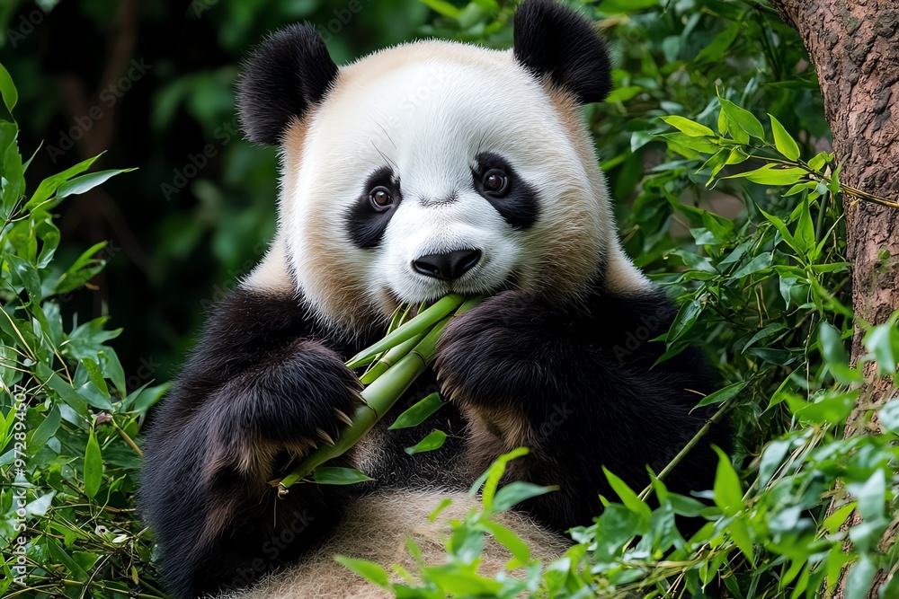 A panda munching on bamboo, sitting comfortably in a patch of greenery, its black-and-white fur striking against the leaves A panda munching on bamboo, sitting comfortably in a patch of greenery, its black-and-white fur striking against the leaves
