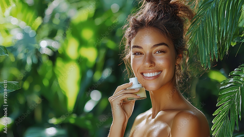 A joyful woman enjoying skincare outdoors, surrounded by lush greenery, radiating beauty and confidence with a natural smile. A joyful woman enjoying skincare outdoors, surrounded by lush greenery, radiating beauty and confidence with a natural smile.
