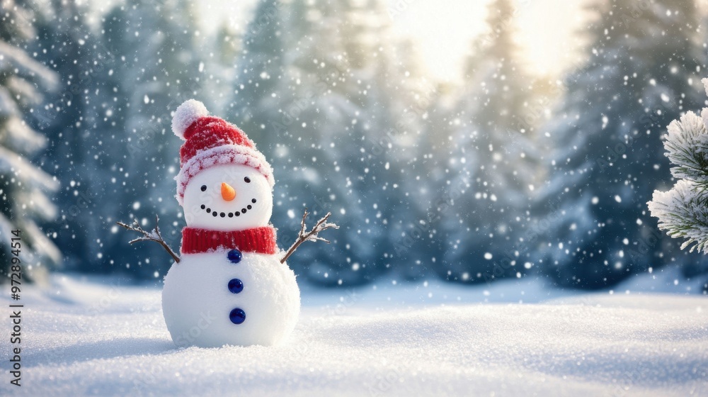 Winter background with a snowman and pine trees dusted with snow, creating a tranquil Winter background with a snowman and pine trees dusted with snow, creating a tranquil