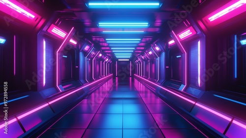 A long, futuristic corridor with glowing blue and pink neon lights.