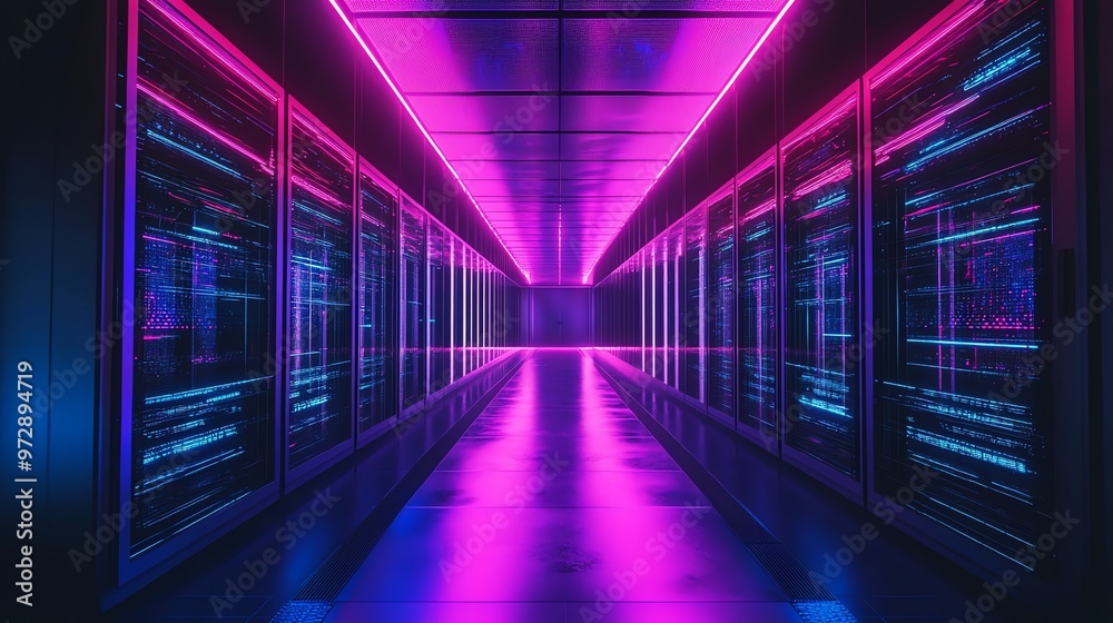 A long, empty corridor illuminated with vibrant pink and blue neon lights. A long, empty corridor illuminated with vibrant pink and blue neon lights.
