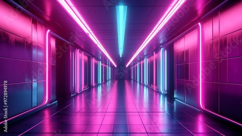 A futuristic, brightly lit corridor with pink and blue neon lights.