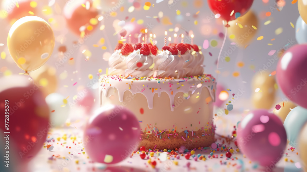 Birthday cake with candles, balloons, and sprinkles Birthday cake with candles, balloons, and sprinkles