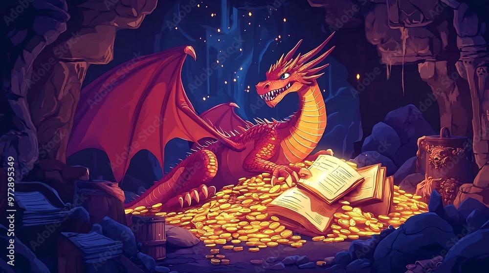 Dragon Guarding Treasure in Cave with Gold Coins and Books Stock ...
