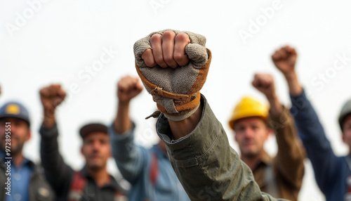 Raised fists of workers in industrial attire symbolize unity and Labor Day spirit. photo