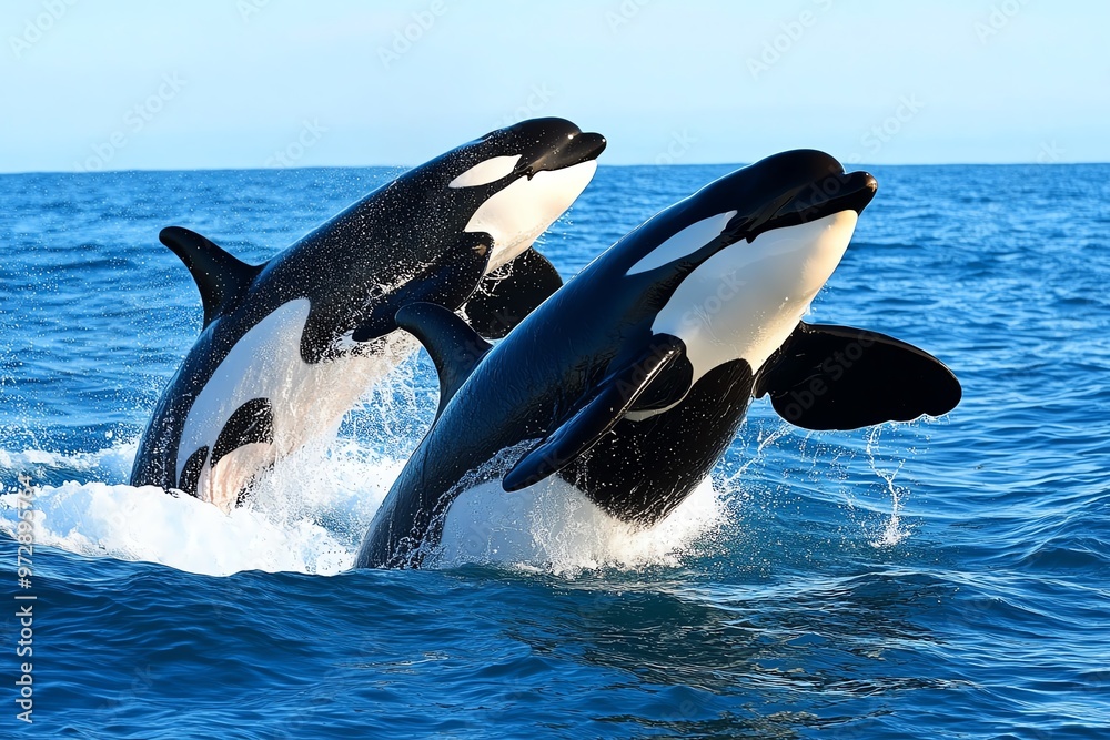 Fototapeta premium A pod of orcas breaching the ocean's surface, communicating with each other through clicks and whistles as they hunt together