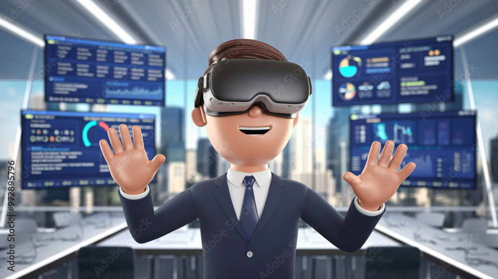 3D Cartoon Young Businessman in Virtual Reality Glasses Discovering Core Values 3D Cartoon Young Businessman in Virtual Reality Glasses Discovering Core Values
