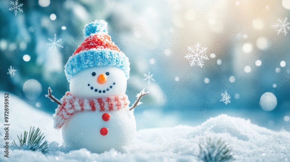 Winter scenery with a snowman and gentle snowflakes, creating a cozy and festive Winter scenery with a snowman and gentle snowflakes, creating a cozy and festive