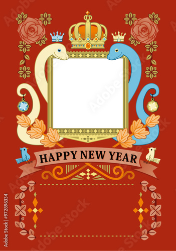 巳年イラスト年賀状デザイン「王冠エンブレムフレーム」HAPPY NEW YEAR
（Year of the snake illustration new year's card greeting post card design material crown emblem frame）