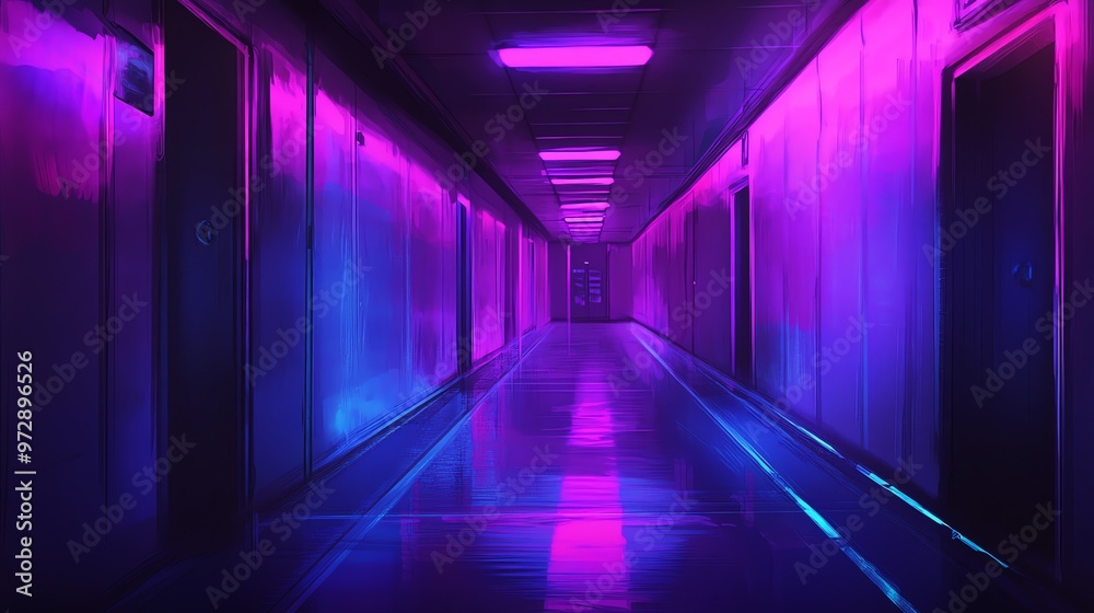 A futuristic, brightly lit corridor with pink and blue neon lights. A futuristic, brightly lit corridor with pink and blue neon lights.