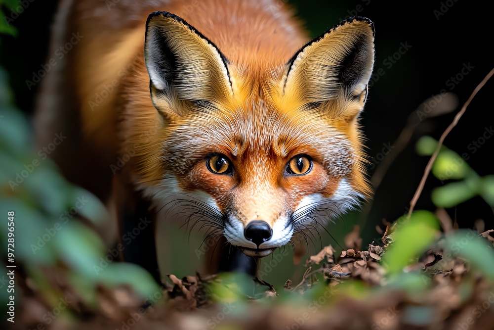 A red fox cautiously stalking its prey, moving silently through the underbrush of a forest as it hunts for food A red fox cautiously stalking its prey, moving silently through the underbrush of a forest as it hunts for food