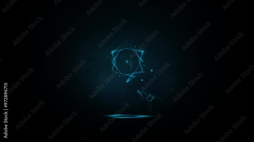Metatron's glowing neon cube made up of many small blue flashing dots, bulbs, rotating in smoke and flying dust in the dark. Sacred geometry. 4k 3d looped animation.