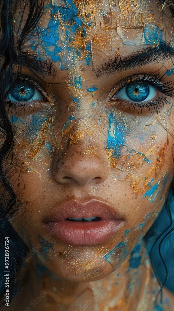 Close up portrait of a woman with blue eyes and painted skin.