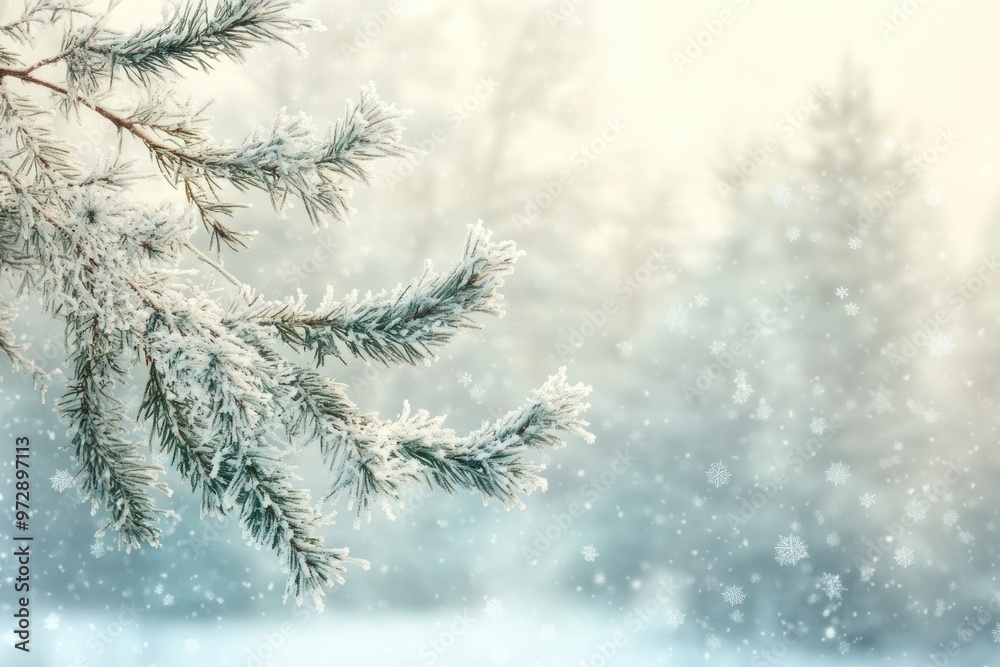 Frosty Pine Branch Against a Snowy Forest Background Frosty Pine Branch Against a Snowy Forest Background