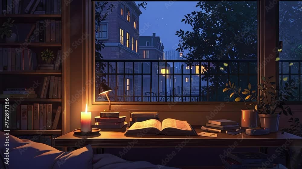candles, piles of books and a lamp on a table next to the window on a rainy evening. seamless looping 4k video background animation