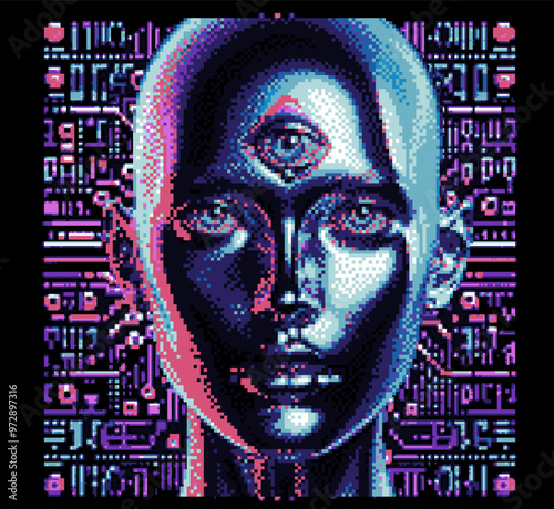 The pixelated image of a bald android woman with an open third eye in the digital or technological aesthetic of 1980s and 1990s video games.
