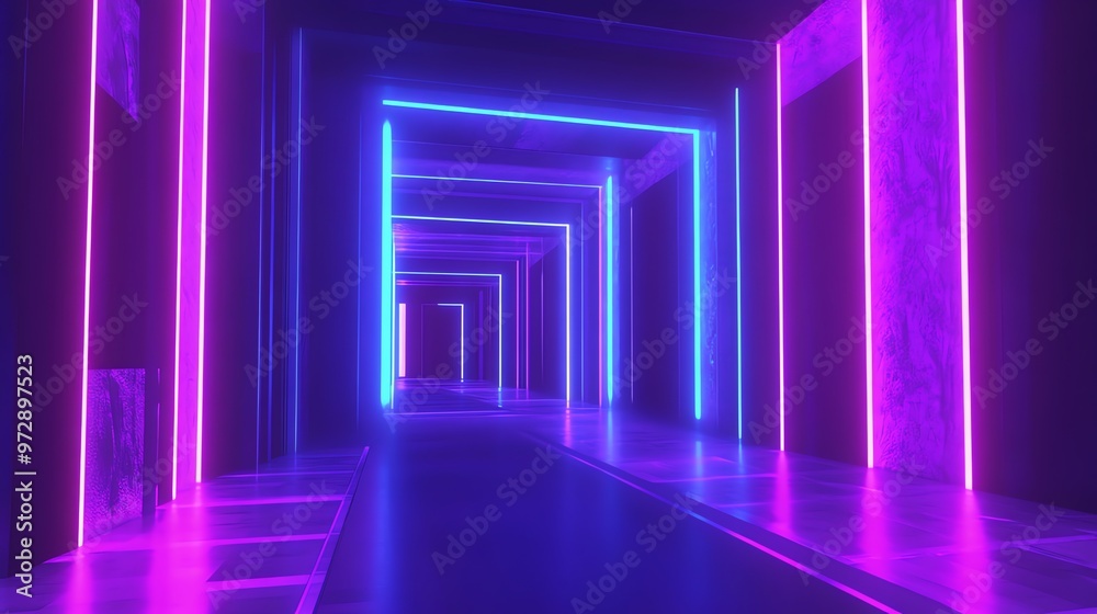 A long, narrow corridor with glowing neon lights in pink and blue. A long, narrow corridor with glowing neon lights in pink and blue.