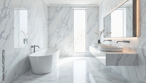 Sleek, minimalist bathroom with white marble, freestanding tub, and modern fixtures. photo