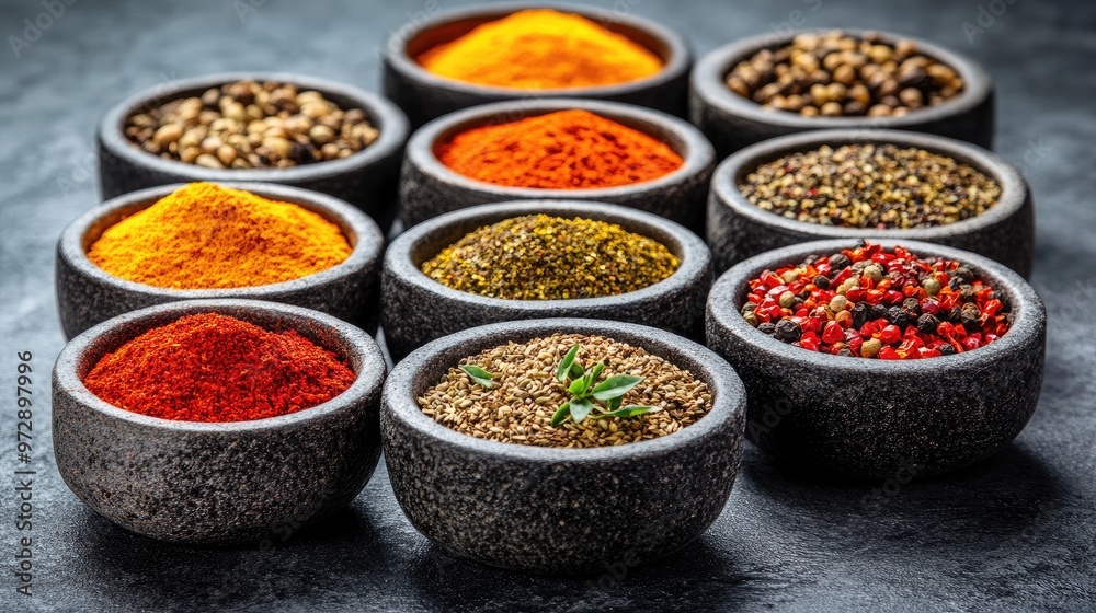 Gourmet spices in rustic stone bowls, showcasing a vibrant variety of global flavors and culinary diversity on a dark surface Gourmet spices in rustic stone bowls, showcasing a vibrant variety of global flavors and culinary diversity on a dark surface